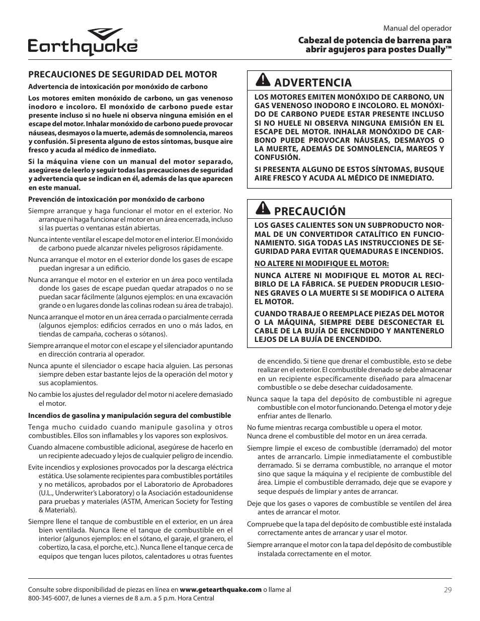 Precaución, Advertencia, Precauciones de seguridad del motor | EarthQuake 10310 User Manual | Page 29 / 72