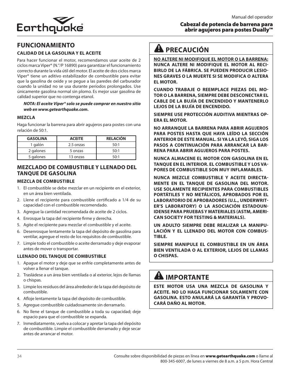 Precaución, Importante, Funcionamiento | EarthQuake 10310 User Manual | Page 34 / 72