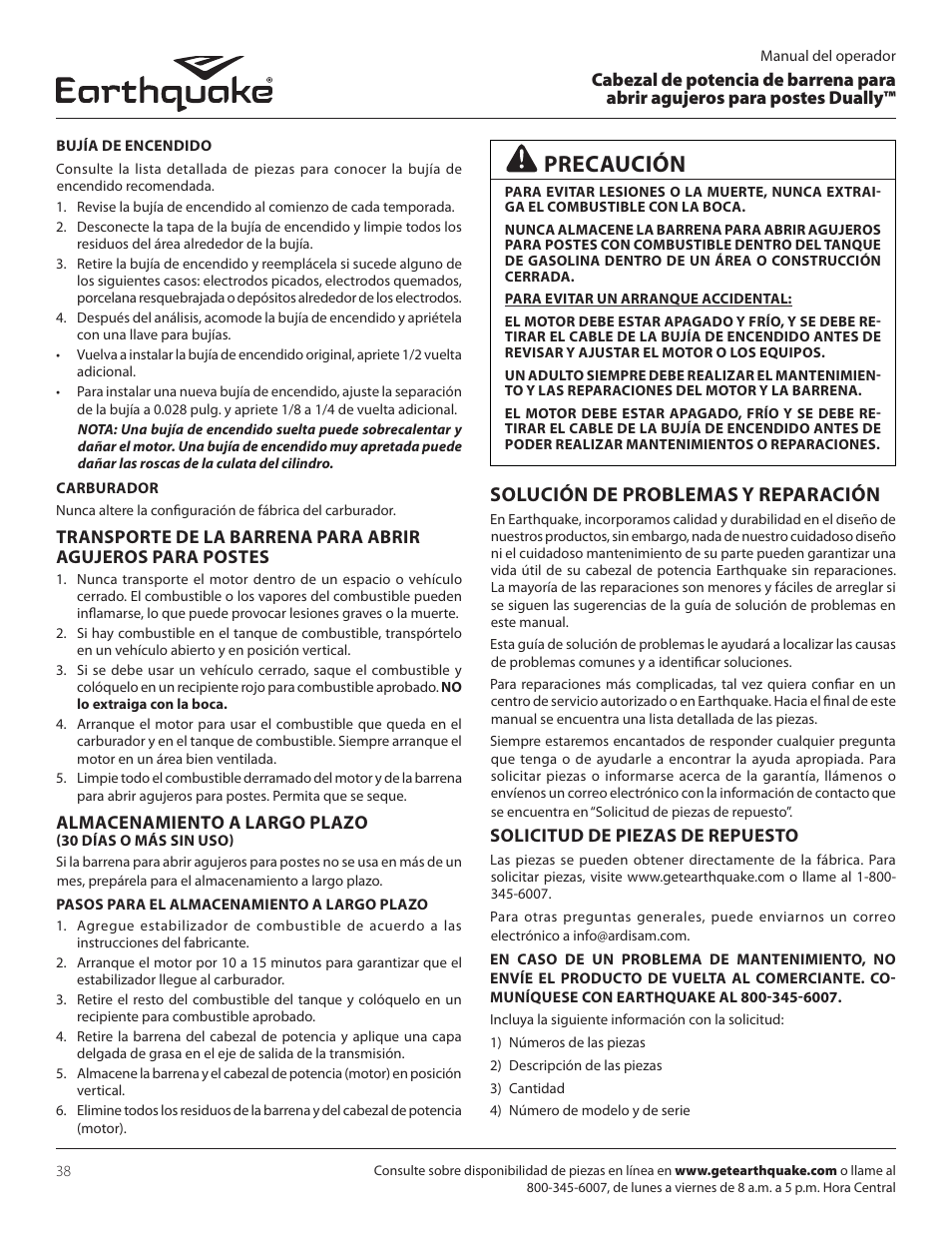 Precaución, Solución de problemas y reparación, Almacenamiento a largo plazo | Solicitud de piezas de repuesto | EarthQuake 10310 User Manual | Page 38 / 72