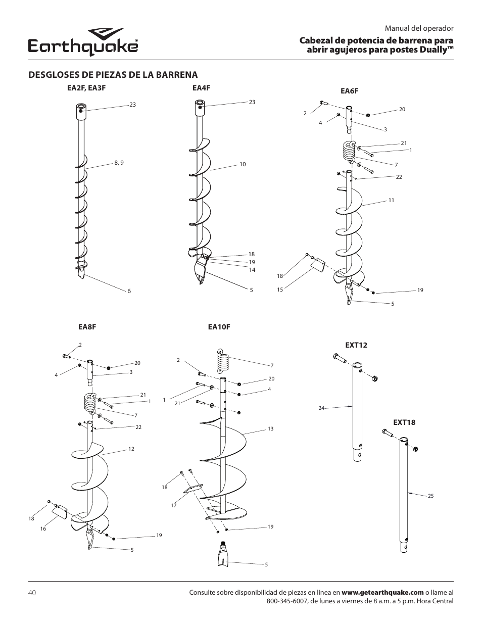 Desgloses de piezas de la barrena, Manual del operador, Ext12 | Ext18 | EarthQuake 10310 User Manual | Page 40 / 72