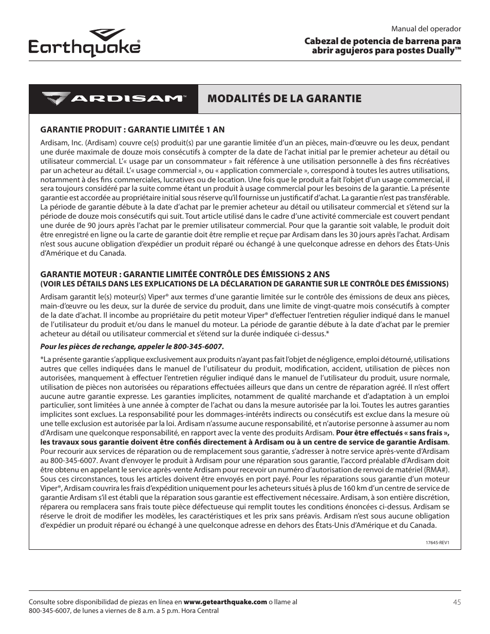 Modalités de la garantie | EarthQuake 10310 User Manual | Page 45 / 72