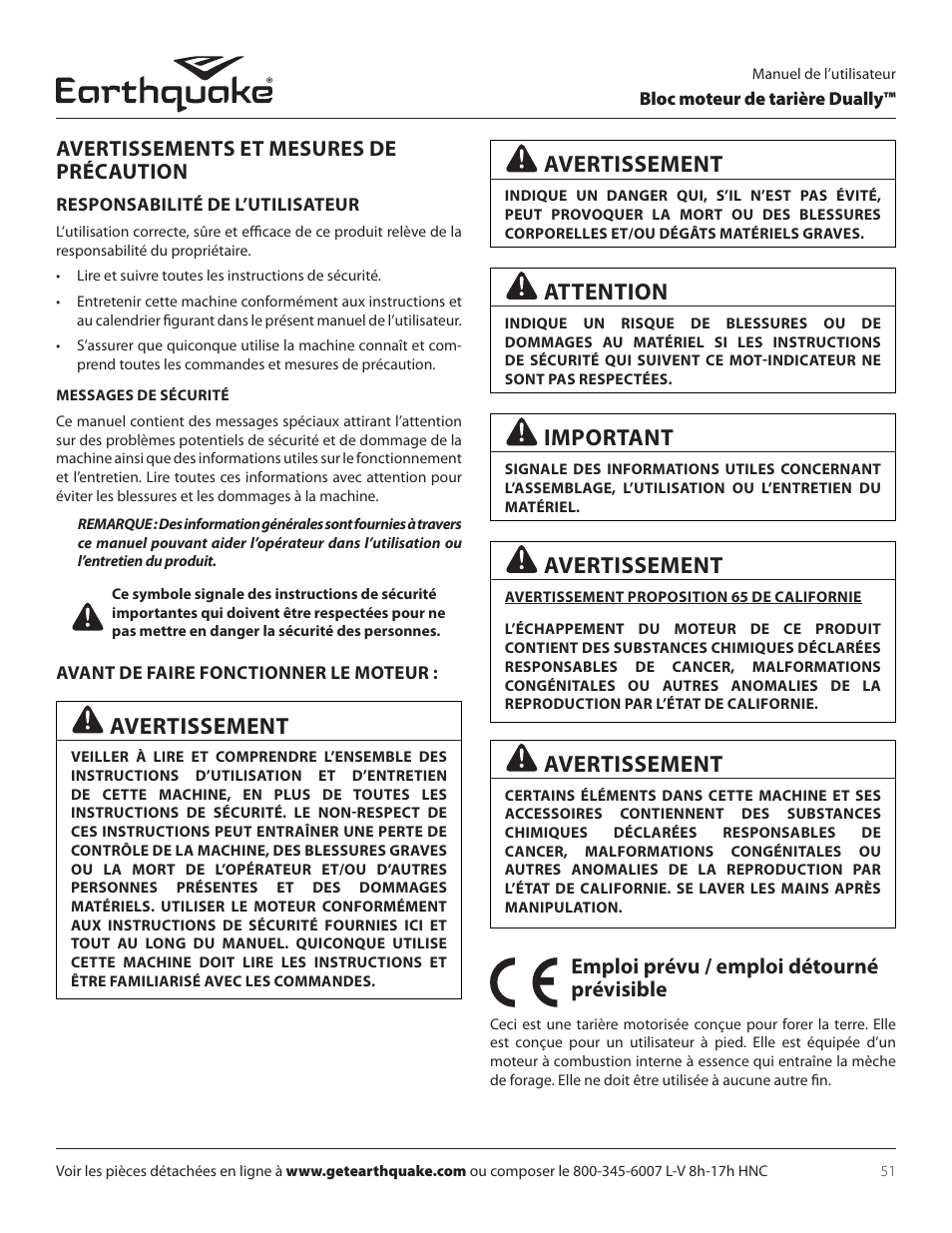 Avertissement, Attention, Important | Avertissements et mesures de précaution, Emploi prévu / emploi détourné prévisible | EarthQuake 10310 User Manual | Page 51 / 72
