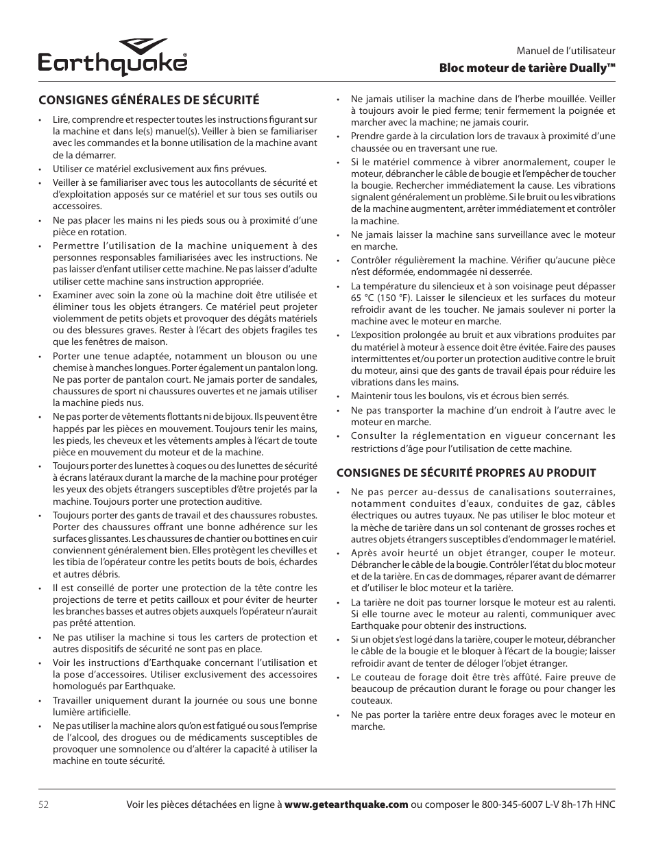 Bloc moteur de tarière dually, Consignes générales de sécurité | EarthQuake 10310 User Manual | Page 52 / 72