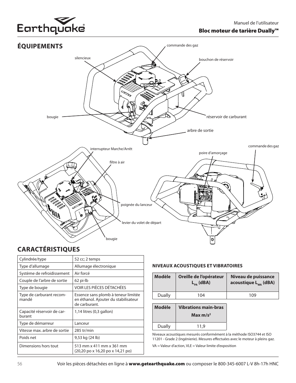 Équipements, Caractéristiques, Bloc moteur de tarière dually | EarthQuake 10310 User Manual | Page 56 / 72