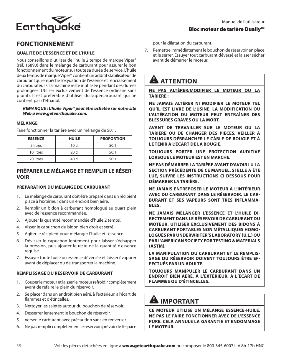 Attention, Important, Fonctionnement | EarthQuake 10310 User Manual | Page 58 / 72