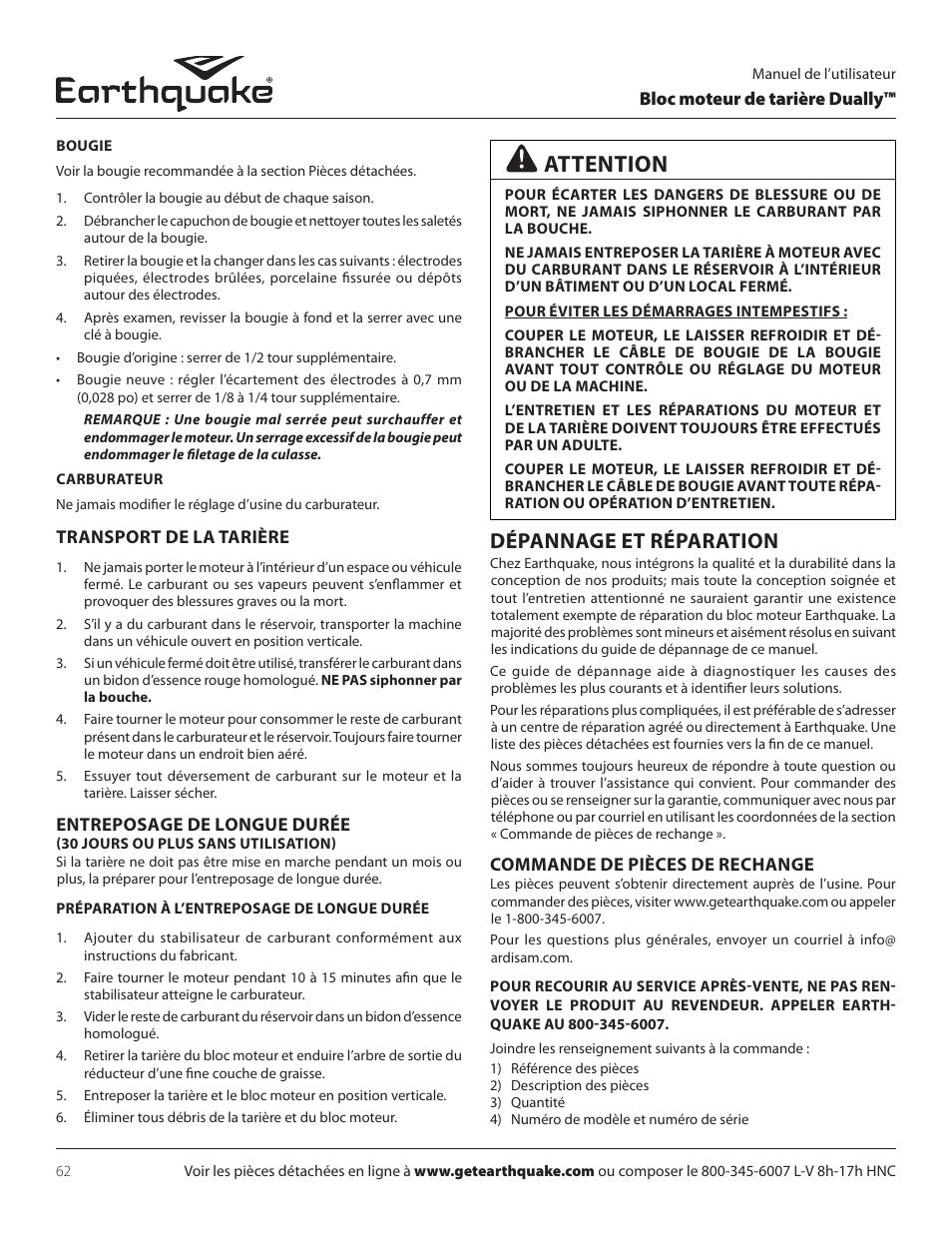 Attention, Dépannage et réparation | EarthQuake 10310 User Manual | Page 62 / 72