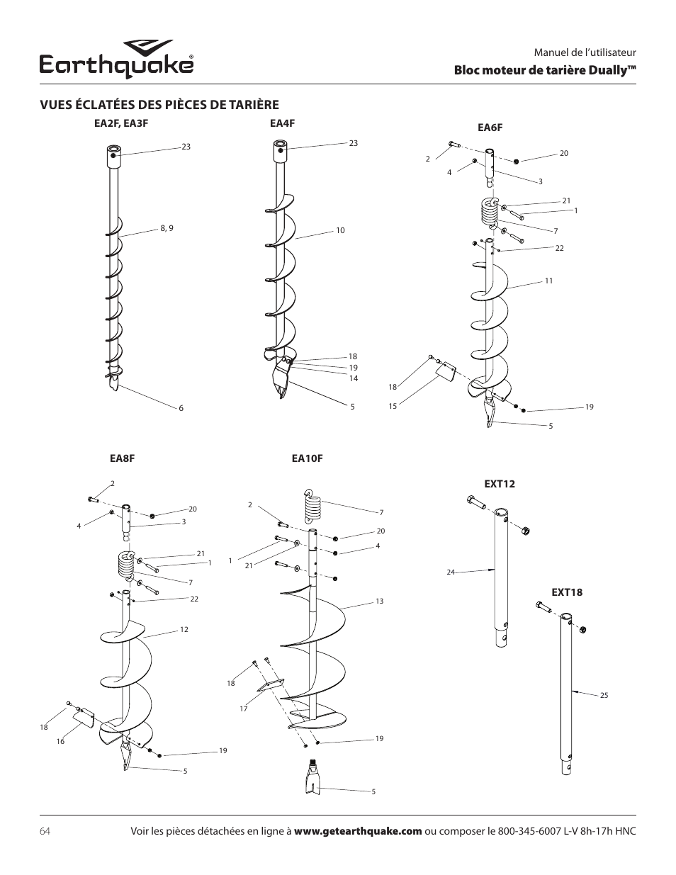 Bloc moteur de tarière dually, Vues éclatées des pièces de tarière, Ext12 | Ext18 | EarthQuake 10310 User Manual | Page 64 / 72