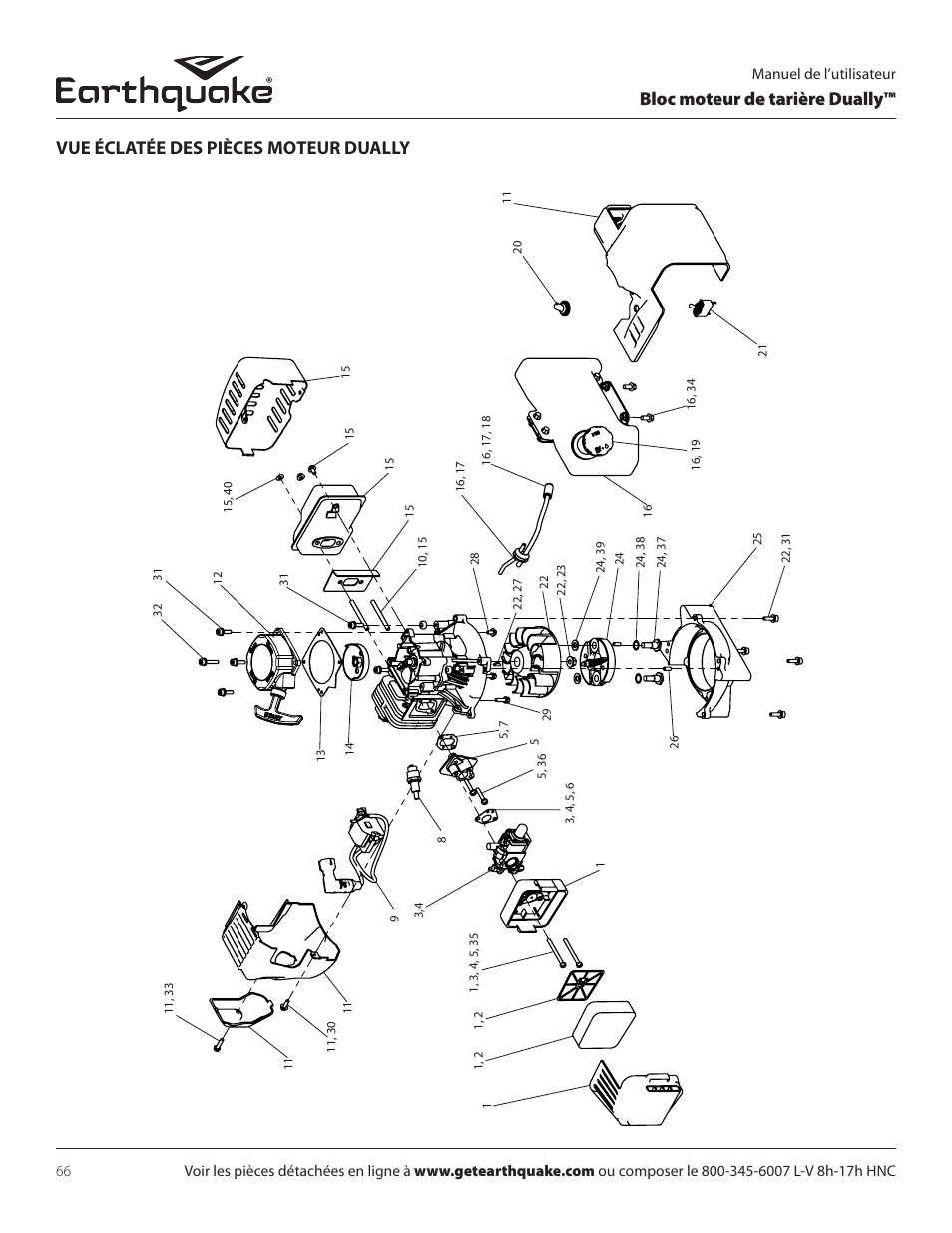 Bloc moteur de tarière dually, Vue éclatée des pièces moteur dually | EarthQuake 10310 User Manual | Page 66 / 72