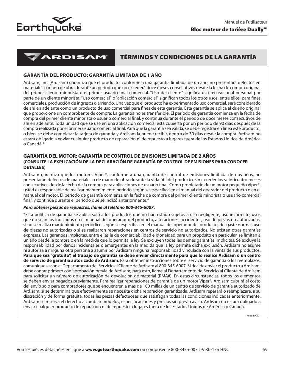 Términos y condiciones de la garantía | EarthQuake 10310 User Manual | Page 69 / 72