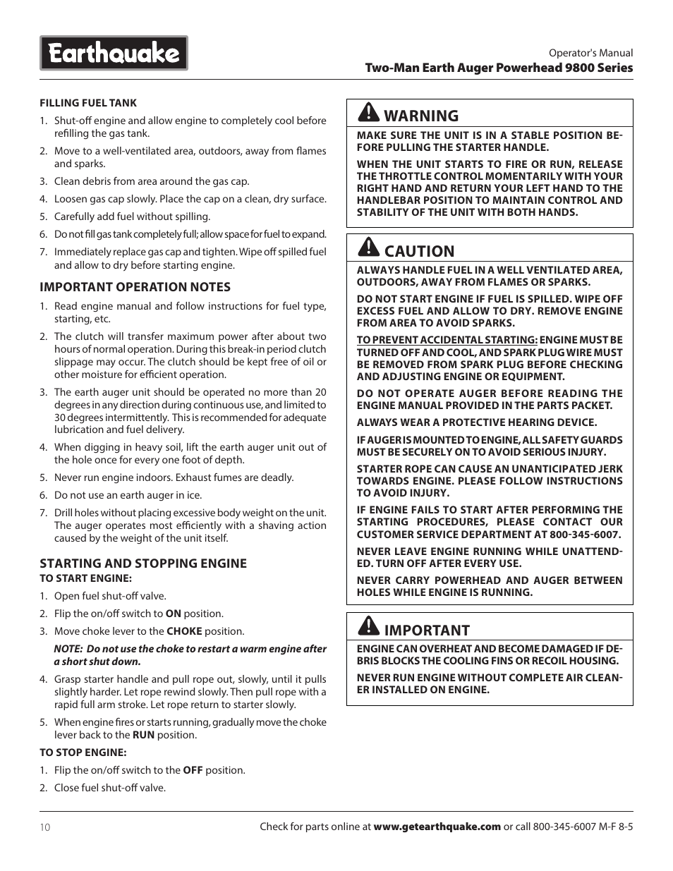 Caution, Warning, Important | EarthQuake 9800B User Manual | Page 10 / 20