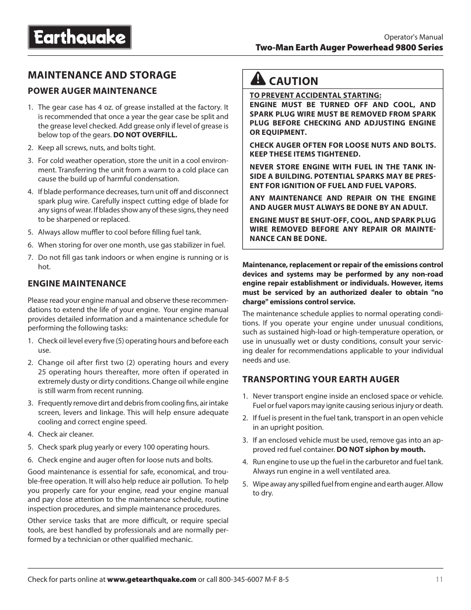 Caution, Maintenance and storage | EarthQuake 9800B User Manual | Page 11 / 20