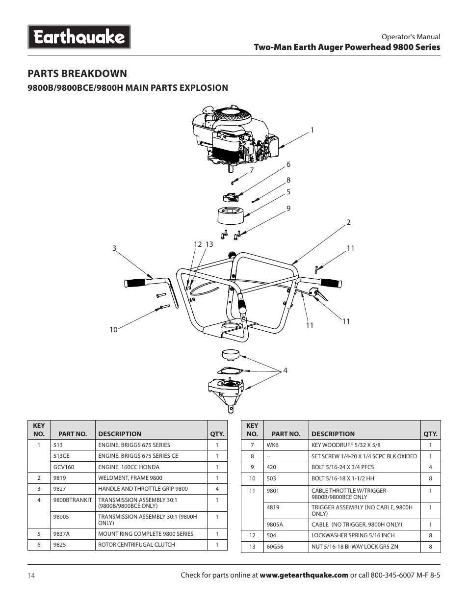 Parts breakdown, Two-man earth auger powerhead 9800 series | EarthQuake 9800B User Manual | Page 14 / 20