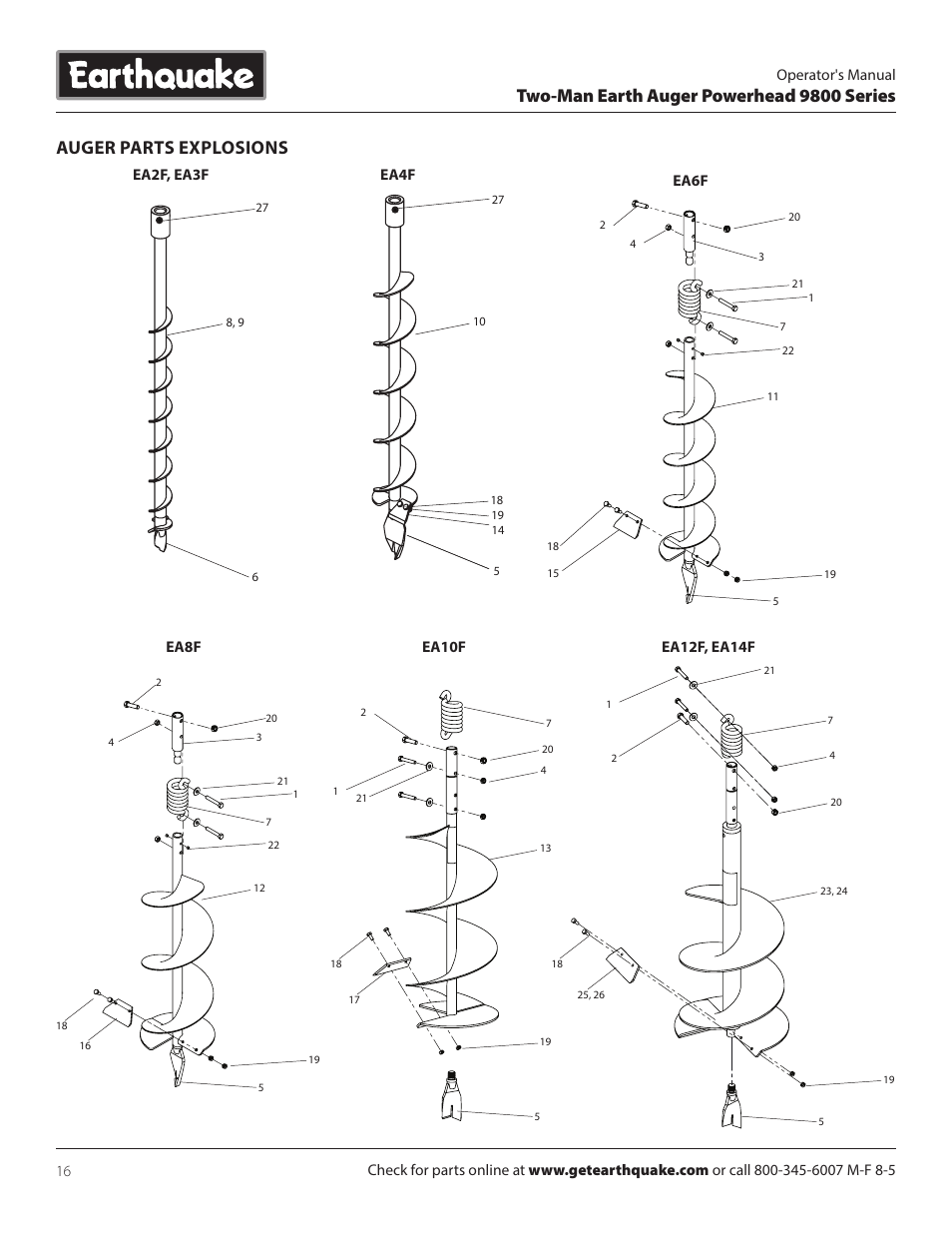 Two-man earth auger powerhead 9800 series, Auger parts explosions | EarthQuake 9800B User Manual | Page 16 / 20