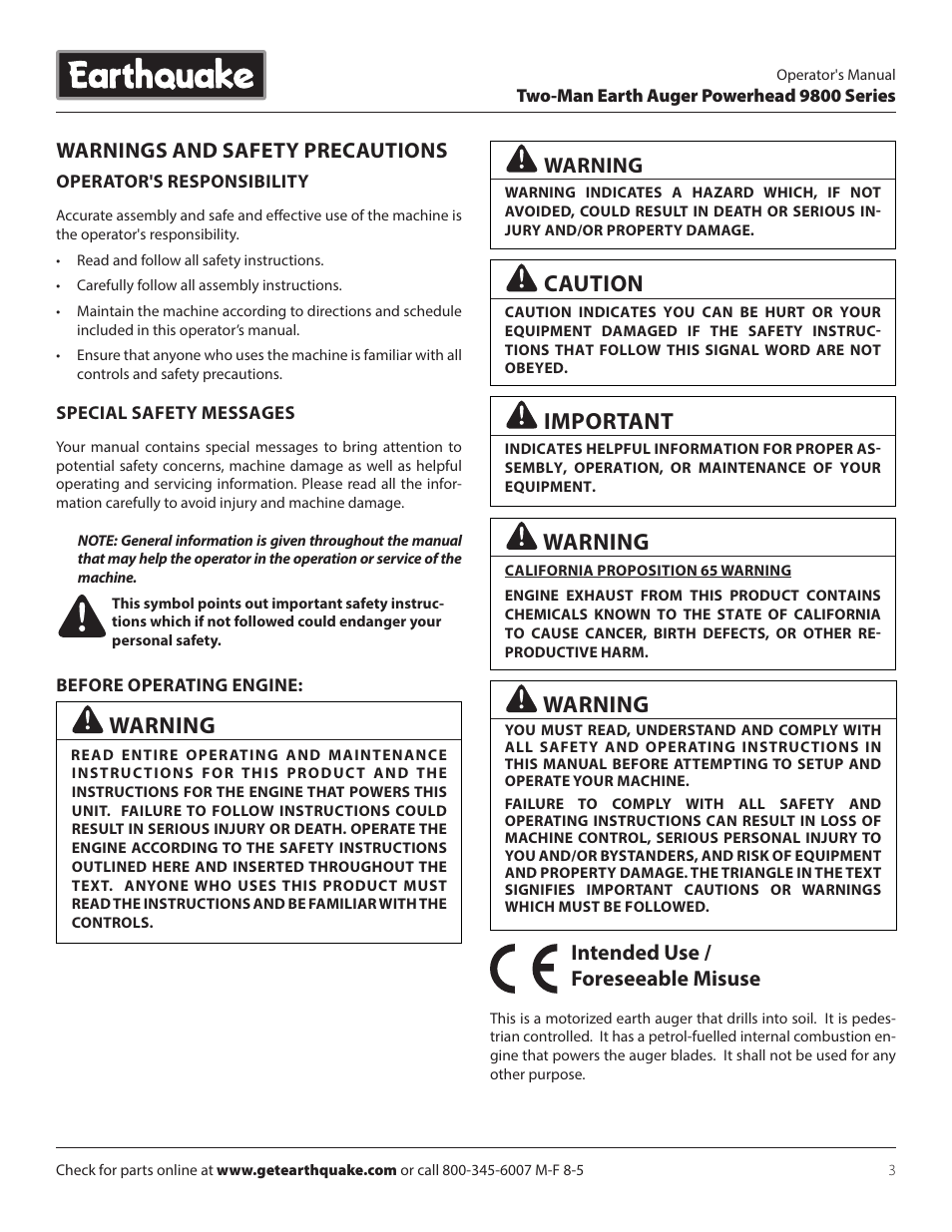 Caution, Important, Intended use / foreseeable misuse | Warnings and safety precautions, Warning | EarthQuake 9800B User Manual | Page 3 / 20