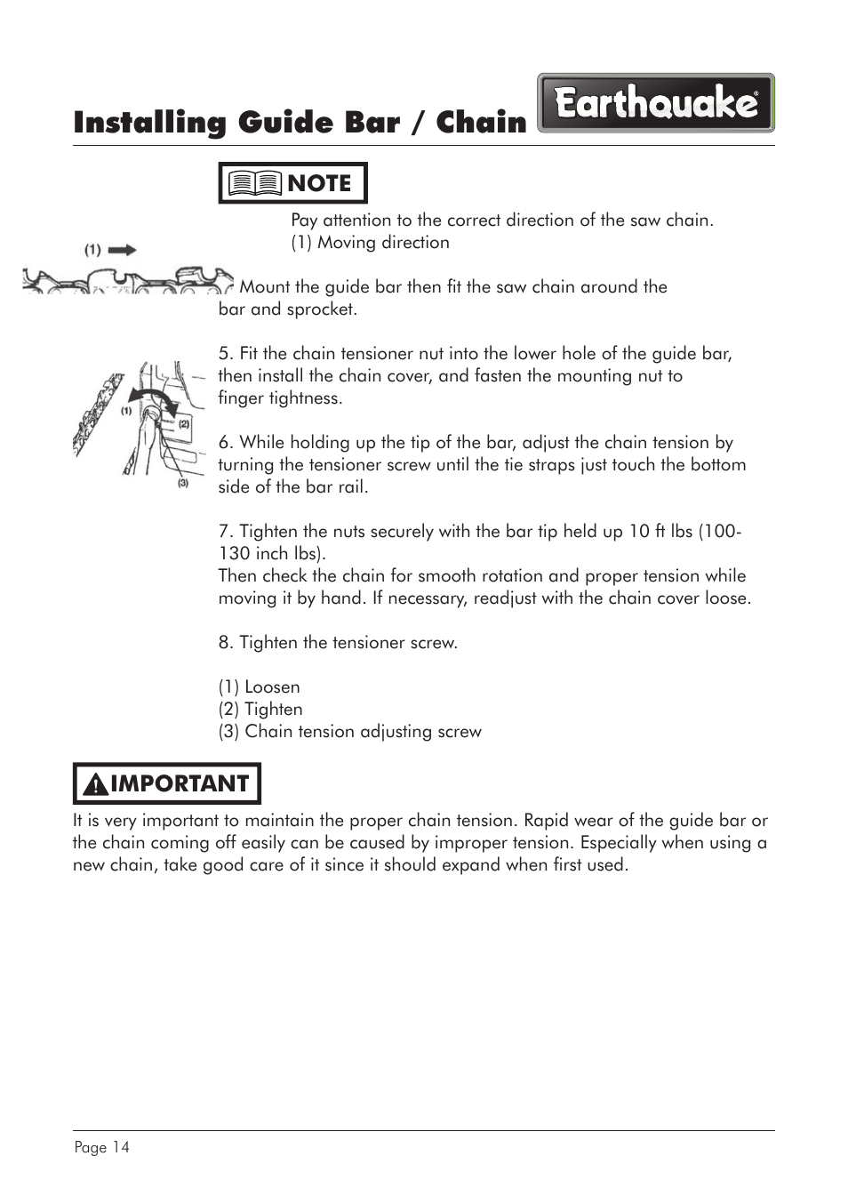 Installing guide bar / chain, Important | EarthQuake CS4116 User Manual | Page 14 / 40