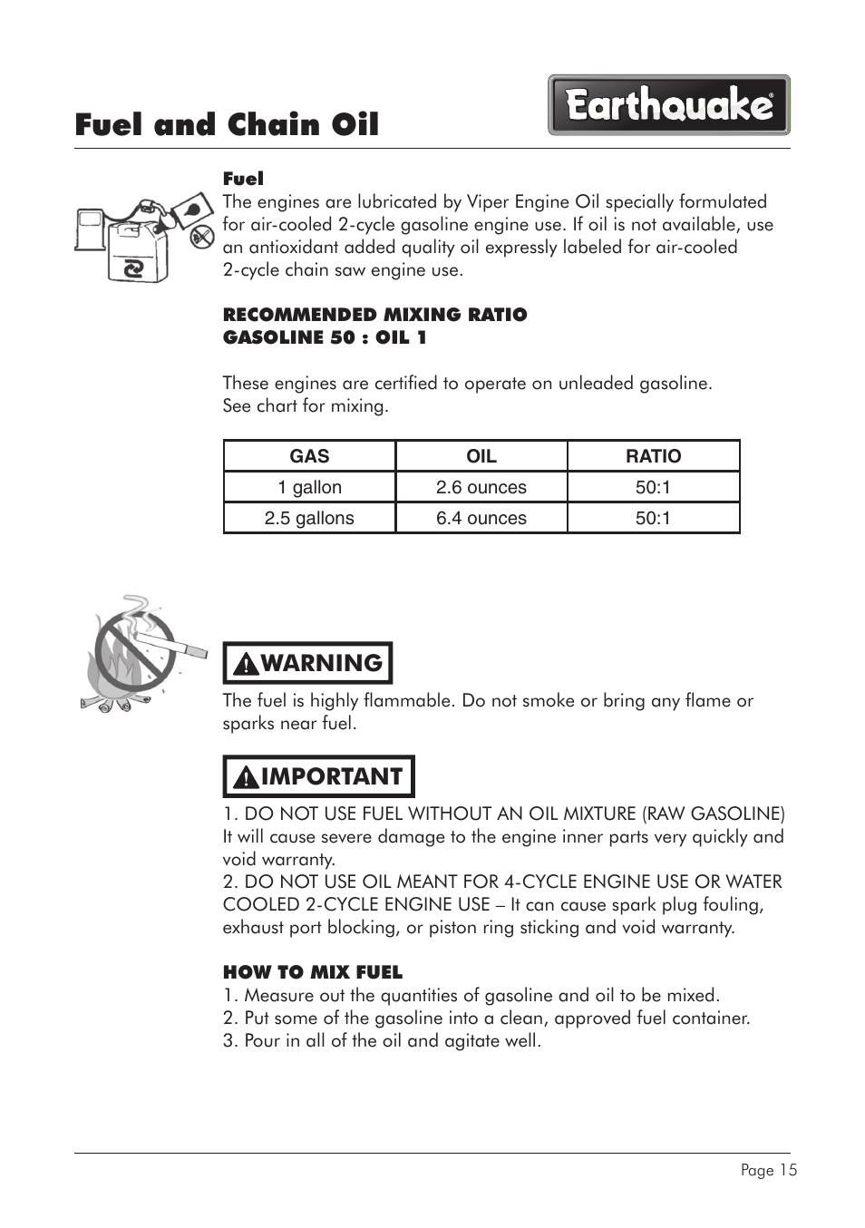 Fuel and chain oil, Warning, Important | EarthQuake CS4116 User Manual | Page 15 / 40