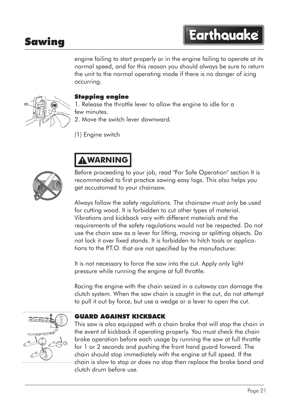 Sawing, Warning | EarthQuake CS4116 User Manual | Page 21 / 40