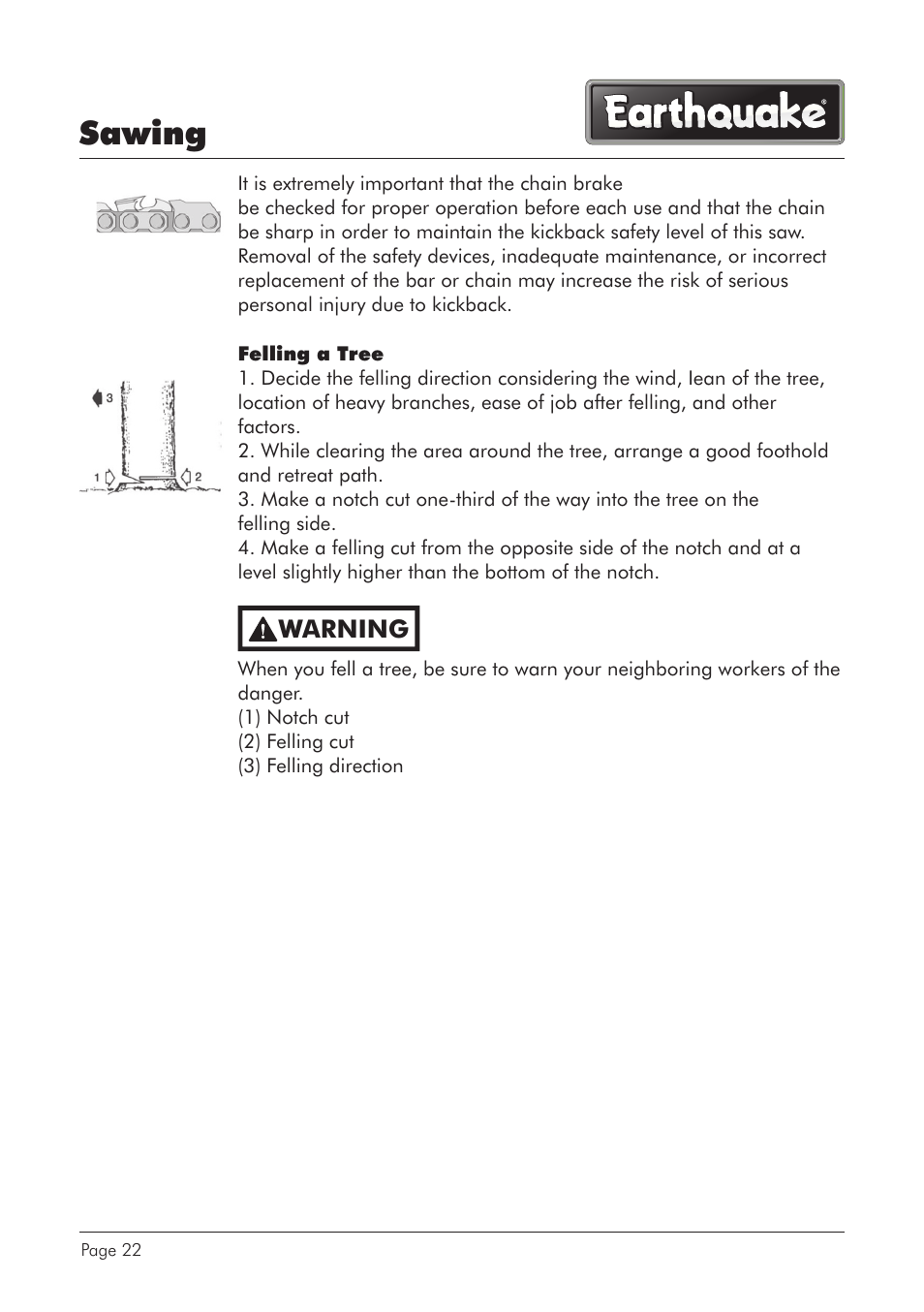 Sawing, Warning | EarthQuake CS4116 User Manual | Page 22 / 40