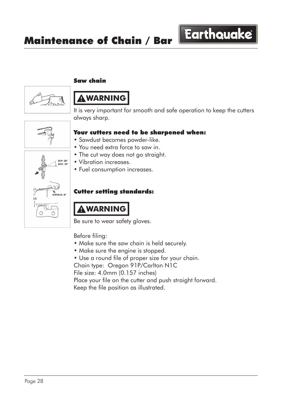 Maintenance of chain / bar, Warning | EarthQuake CS4116 User Manual | Page 28 / 40