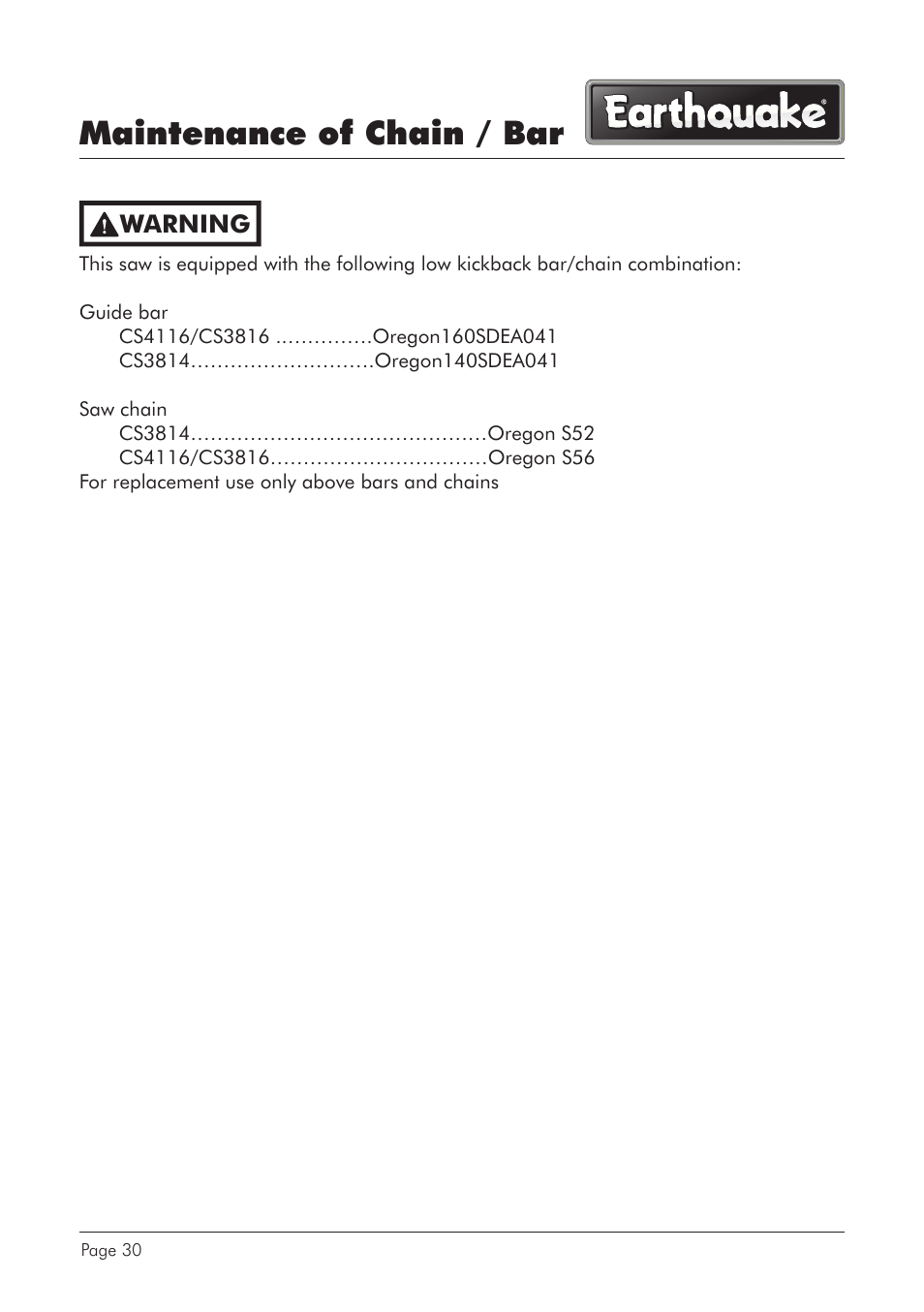 Maintenance of chain / bar, Warning | EarthQuake CS4116 User Manual | Page 30 / 40