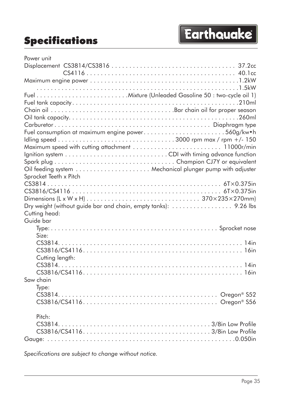 Specifications | EarthQuake CS4116 User Manual | Page 35 / 40