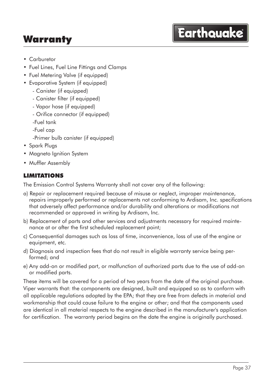 Warranty | EarthQuake CS4116 User Manual | Page 37 / 40