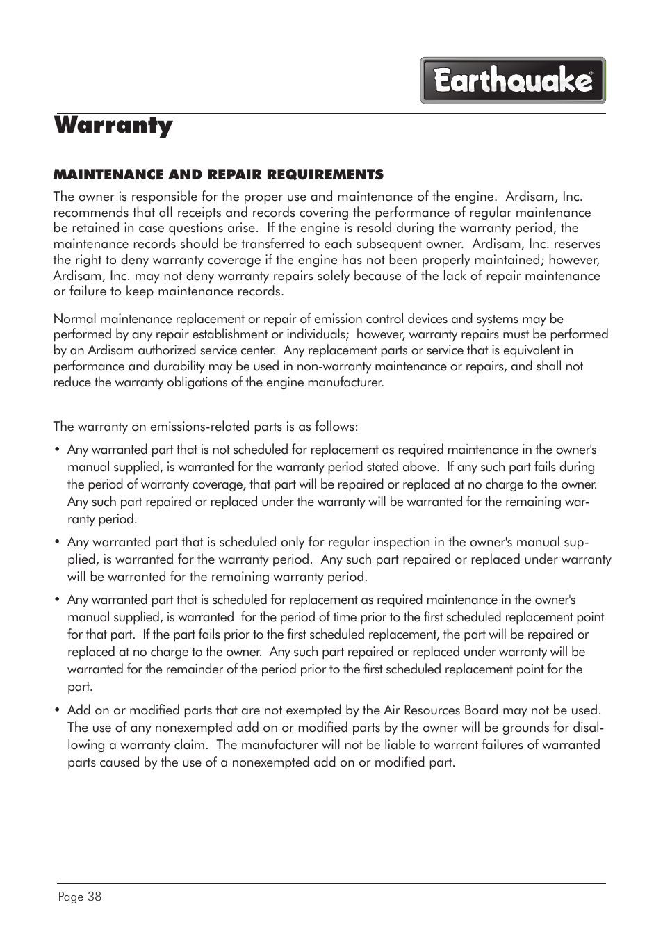 Warranty | EarthQuake CS4116 User Manual | Page 38 / 40