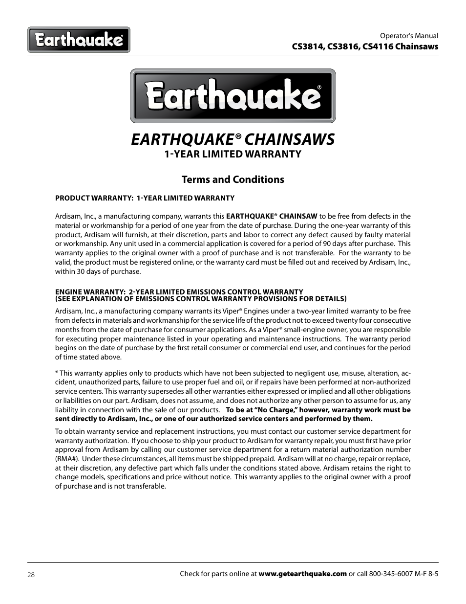 Earthquake® chainsaws, Year limited warranty terms and conditions | EarthQuake CS3814 User Manual | Page 28 / 32