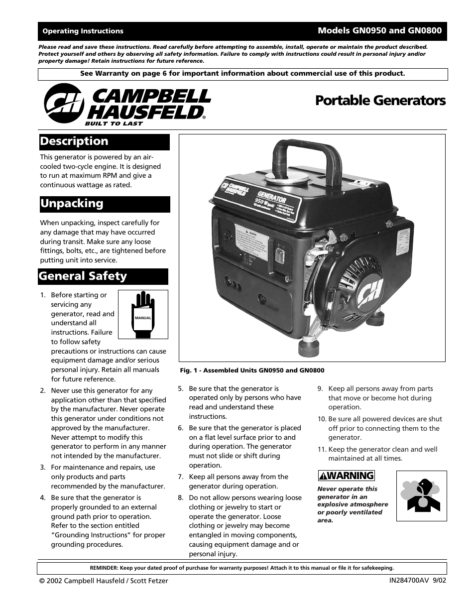 Campbell Hausfeld GN0800 User Manual | 20 pages