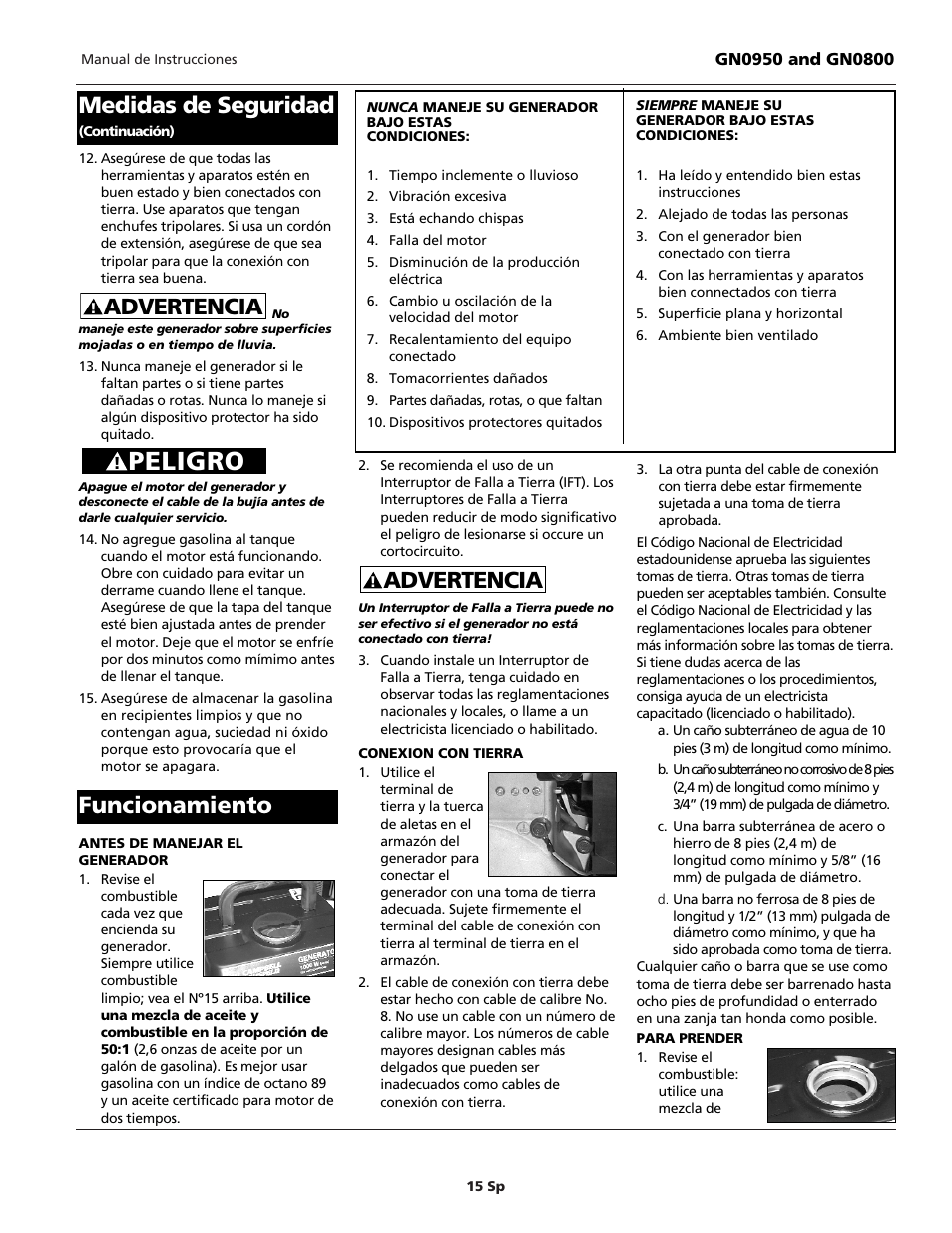 Peligro, Advertencia medidas de seguridad, Advertencia | Funcionamiento | Campbell Hausfeld GN0800 User Manual | Page 15 / 20