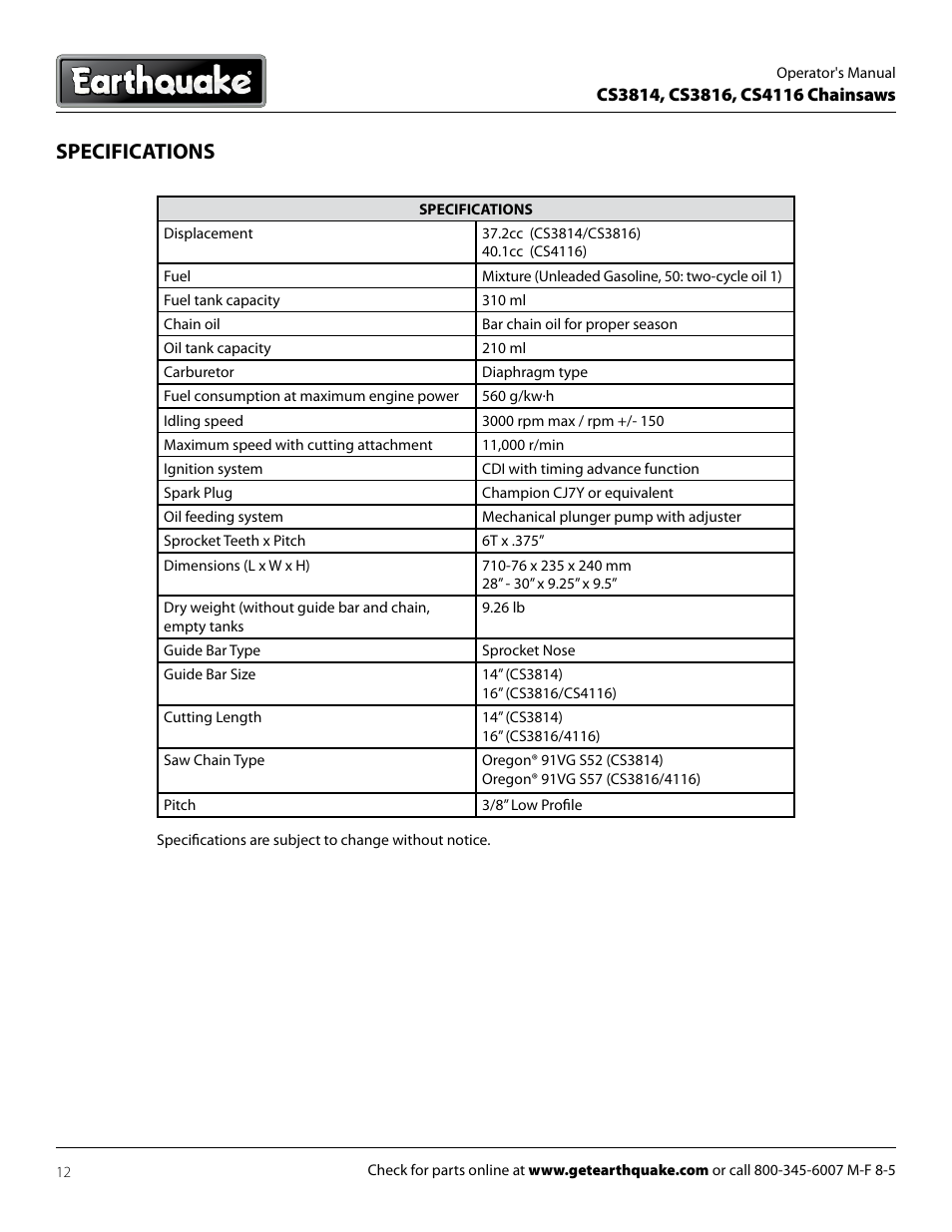 Specifications | EarthQuake CS4116 User Manual | Page 12 / 24