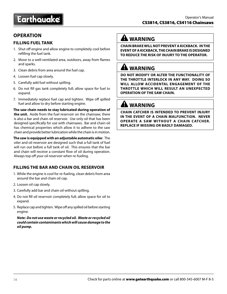 Warning, Operation | EarthQuake CS4116 User Manual | Page 14 / 24