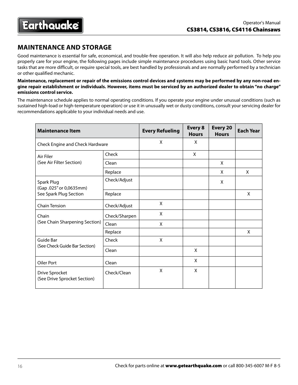 Maintenance and storage | EarthQuake CS4116 User Manual | Page 16 / 24