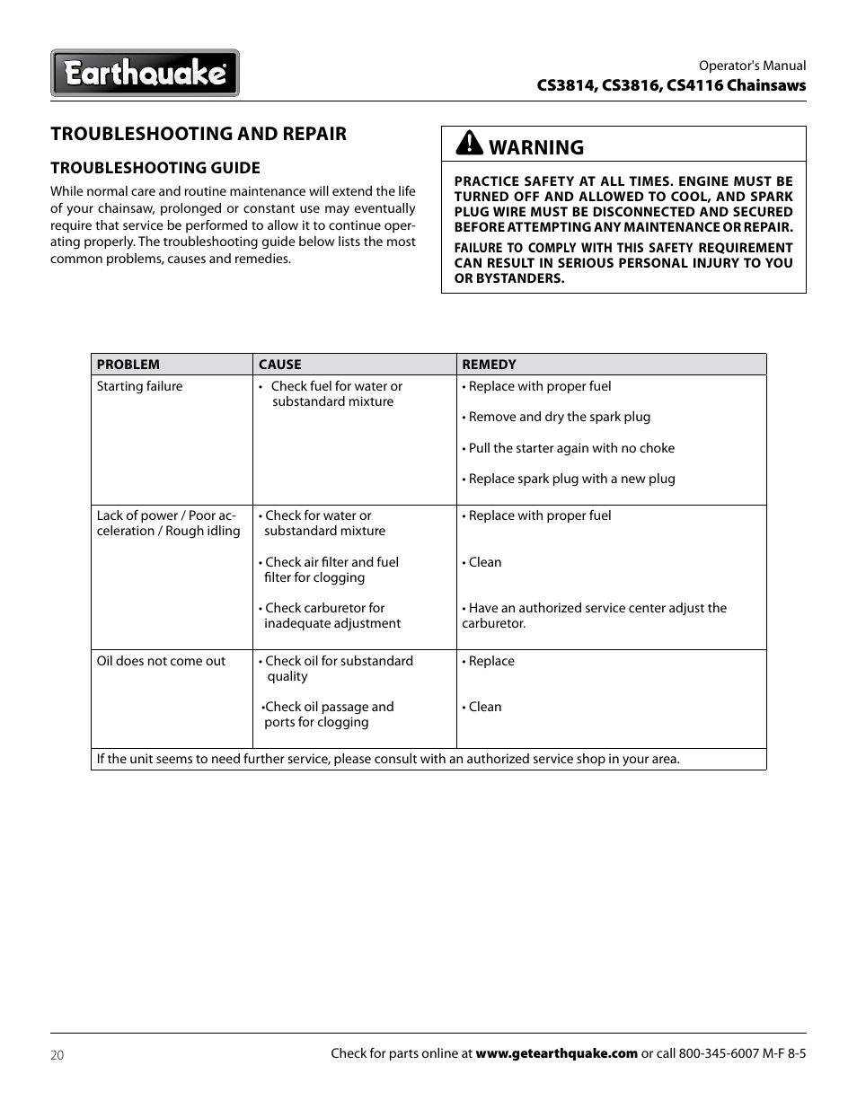 Warning, Troubleshooting and repair | EarthQuake CS4116 User Manual | Page 20 / 24