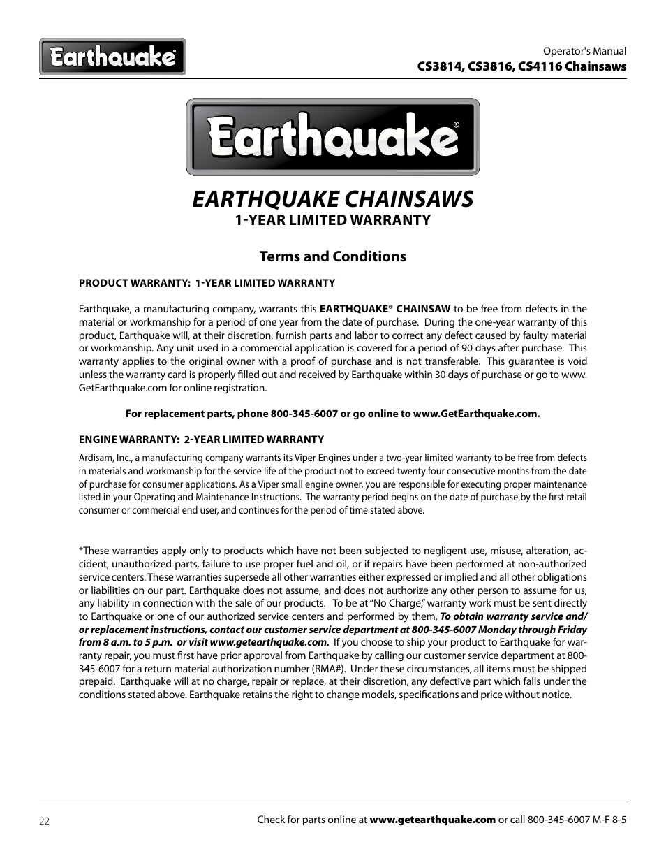 Earthquake chainsaws, Year limited warranty terms and conditions | EarthQuake CS4116 User Manual | Page 22 / 24