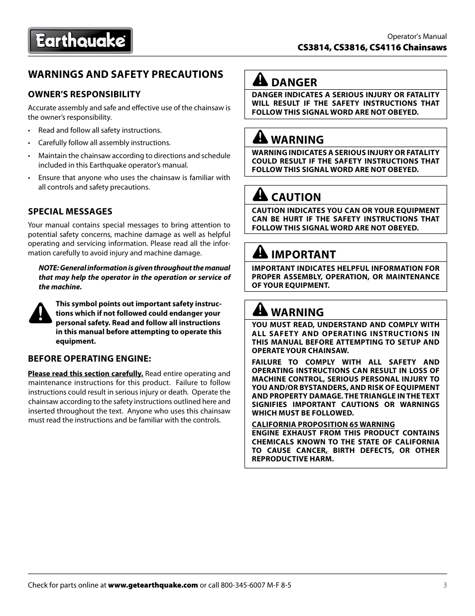 Danger, Warning, Caution | Important, Warnings and safety precautions | EarthQuake CS4116 User Manual | Page 3 / 24