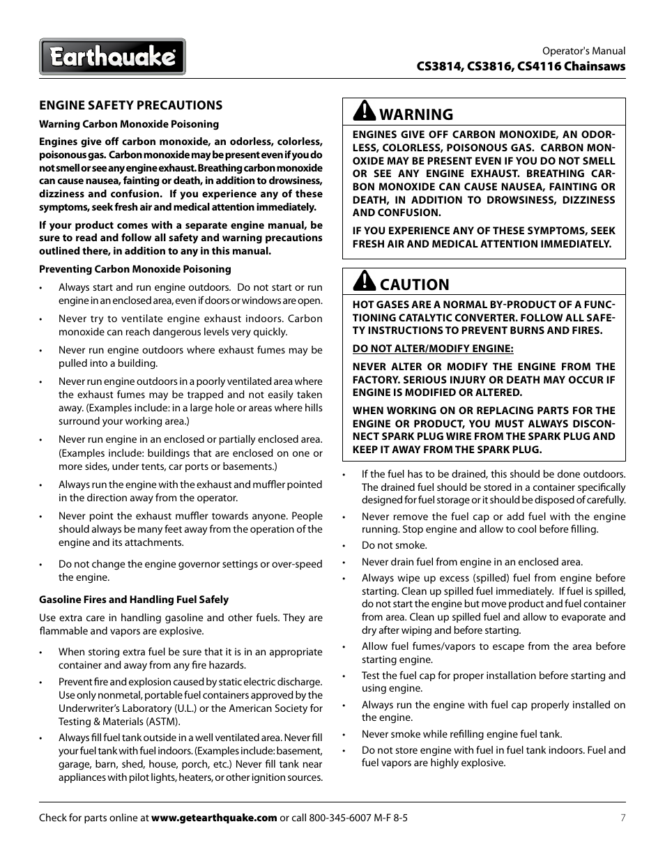 Caution, Warning | EarthQuake CS4116 User Manual | Page 7 / 32