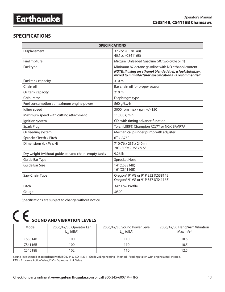 Specifications | EarthQuake CS4116B User Manual | Page 13 / 32