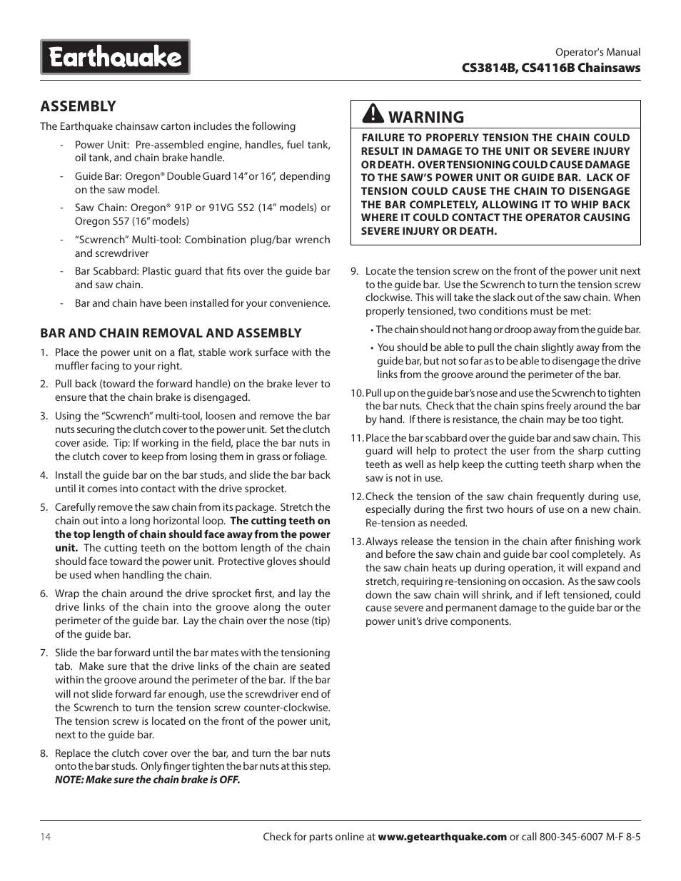 Warning, Assembly | EarthQuake CS4116B User Manual | Page 14 / 32
