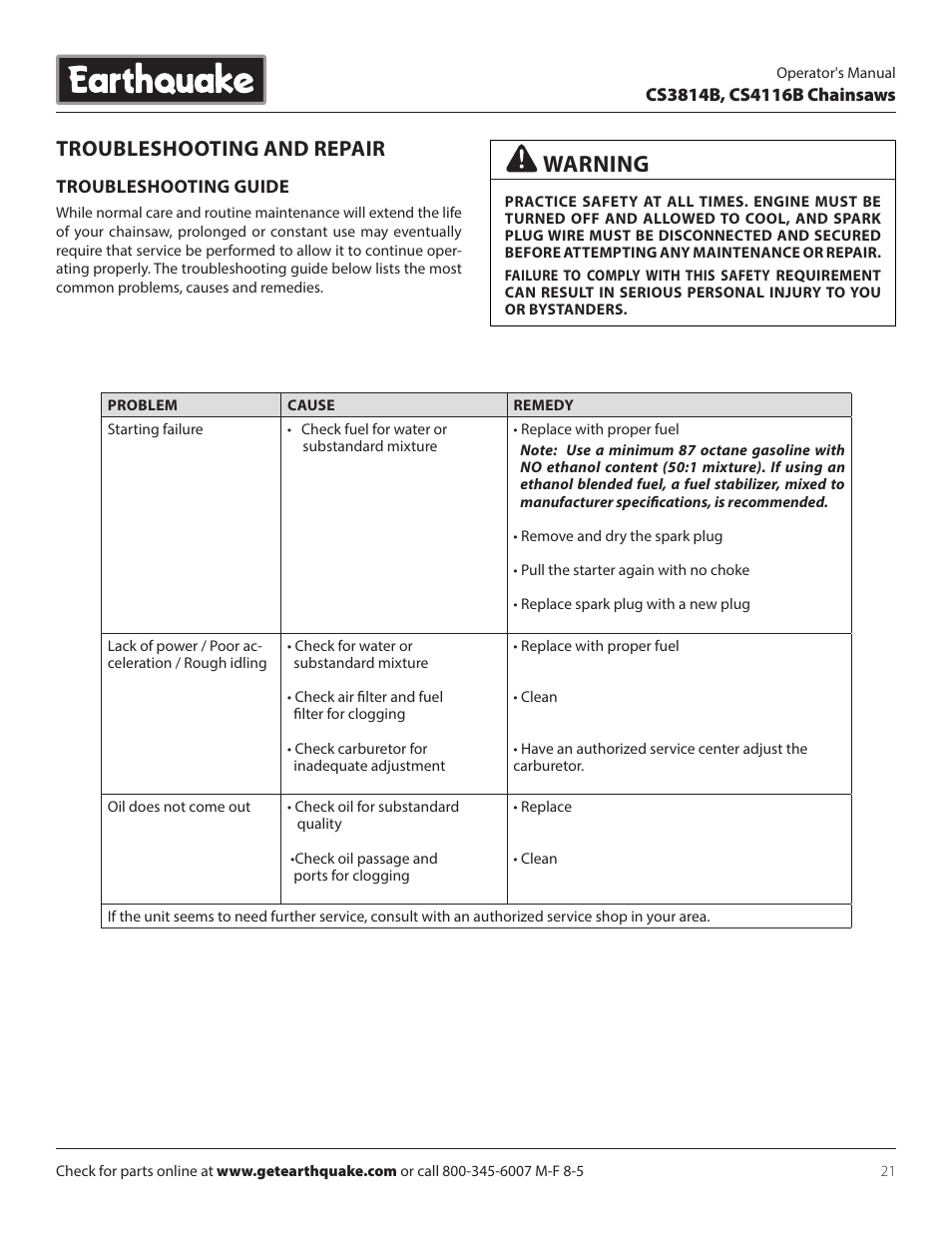 Warning, Troubleshooting and repair | EarthQuake CS4116B User Manual | Page 21 / 32