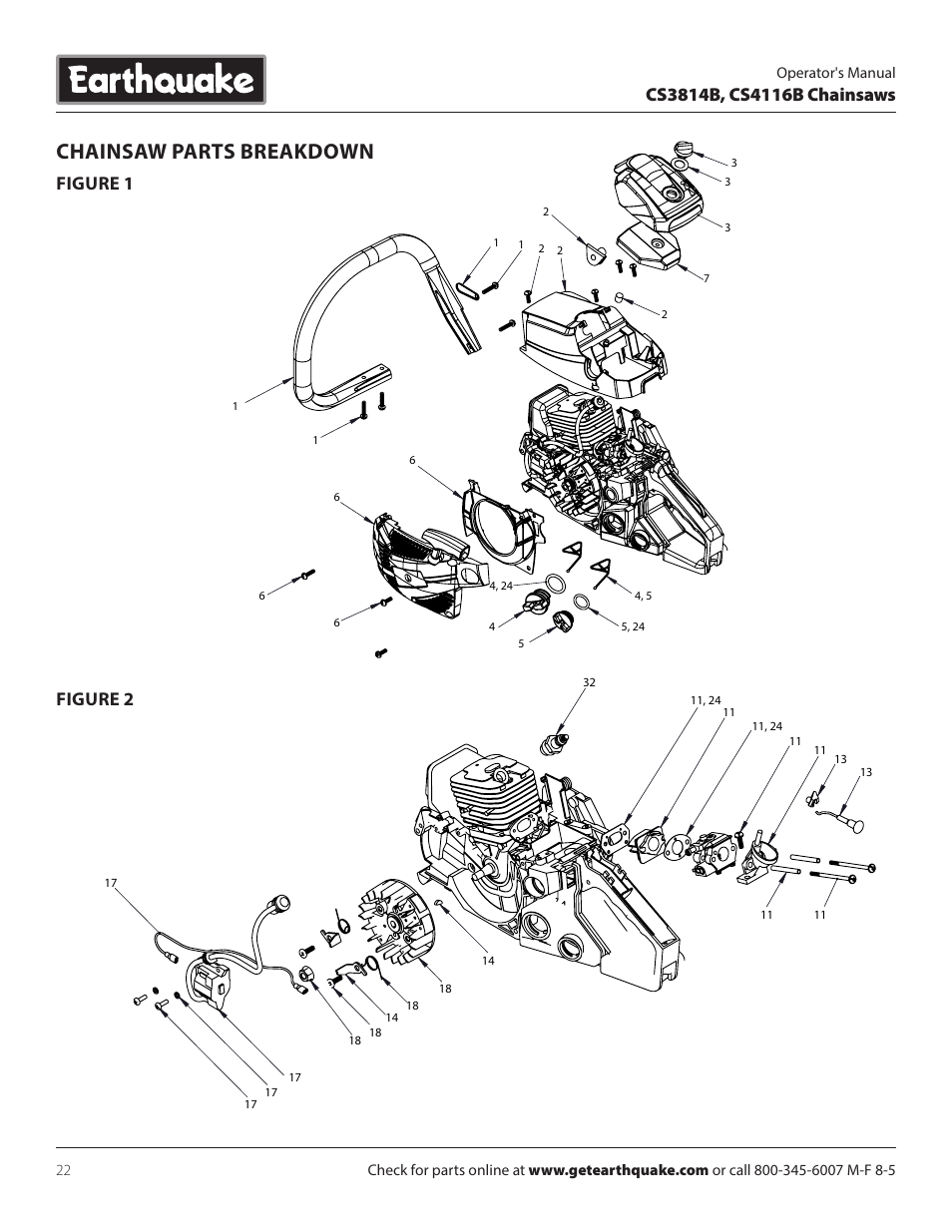 Chainsaw parts breakdown, Figure 1, Figure 2 | EarthQuake CS4116B User Manual | Page 22 / 32
