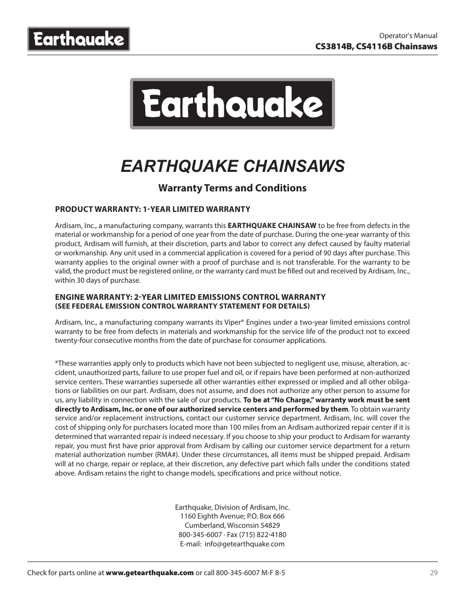 Earthquake chainsaws, Warranty terms and conditions | EarthQuake CS4116B User Manual | Page 29 / 32