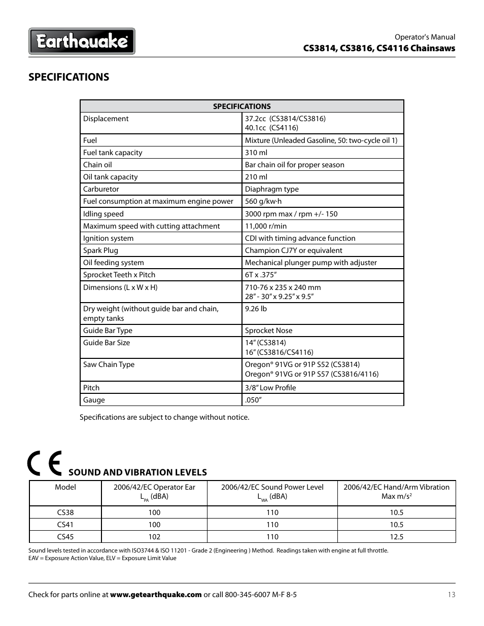 Specifications | EarthQuake CS3816 User Manual | Page 13 / 32