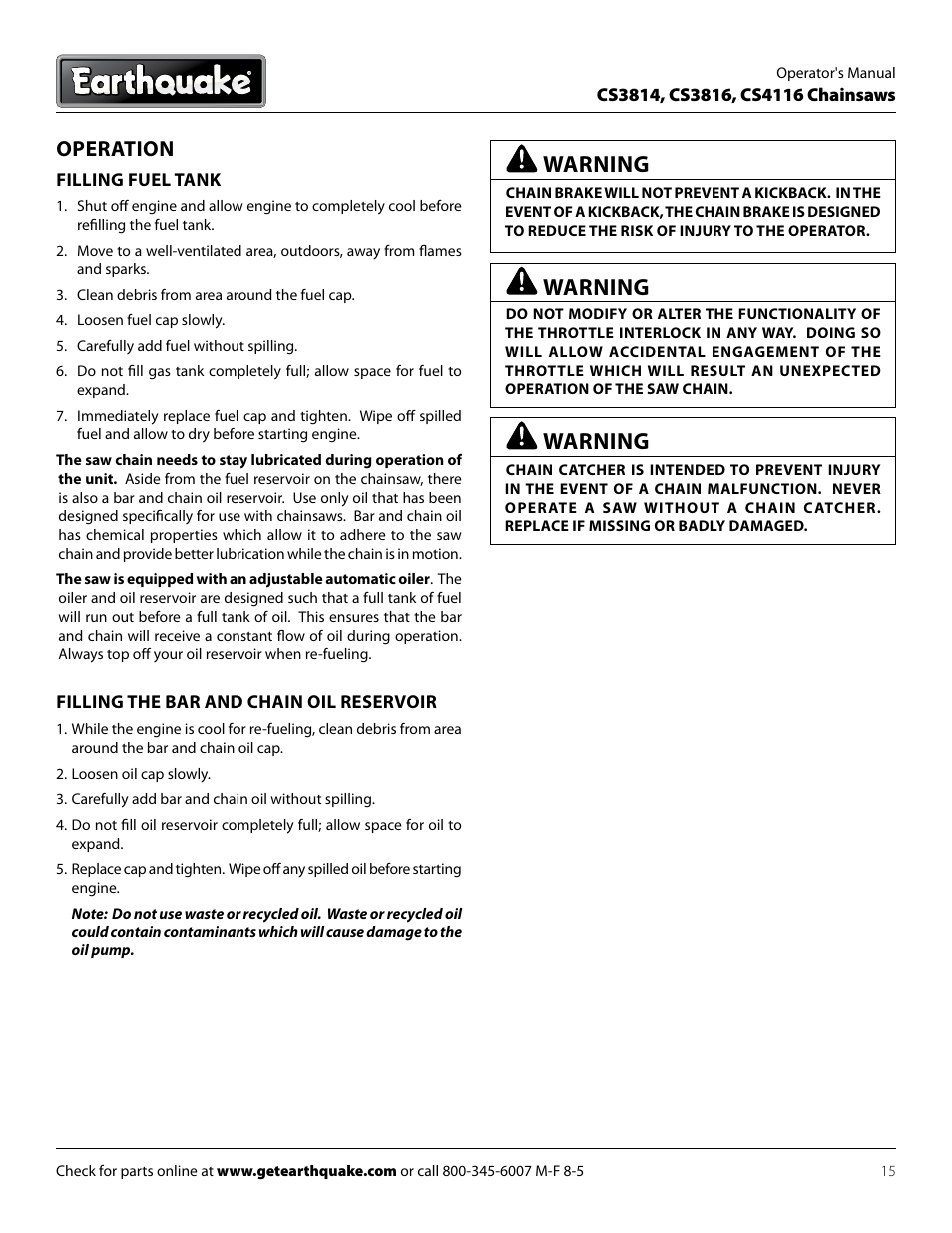 Warning, Operation | EarthQuake CS3816 User Manual | Page 15 / 32