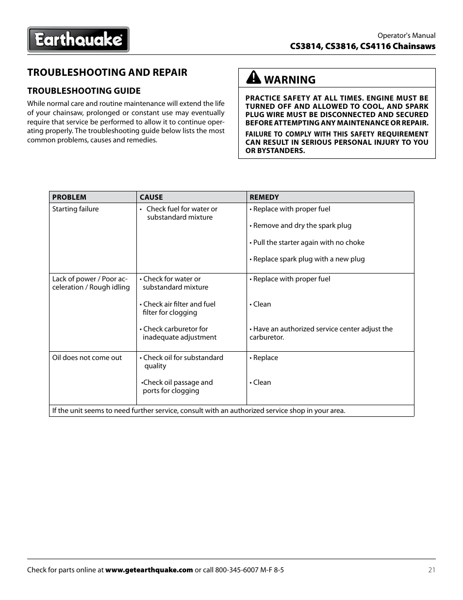 Warning, Troubleshooting and repair | EarthQuake CS3816 User Manual | Page 21 / 32