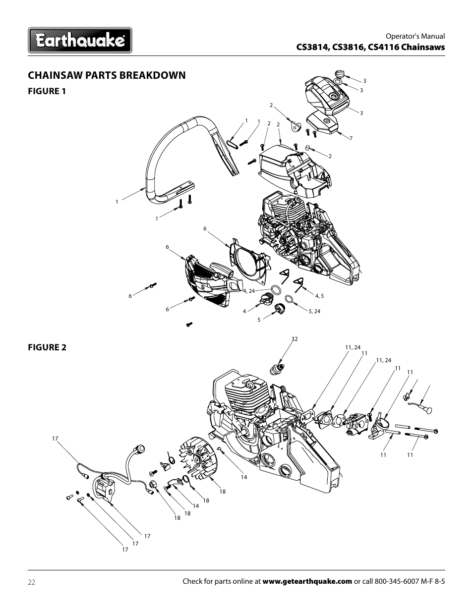 Chainsaw parts breakdown, Figure 1, Figure 2 | EarthQuake CS4116 User Manual | Page 22 / 32