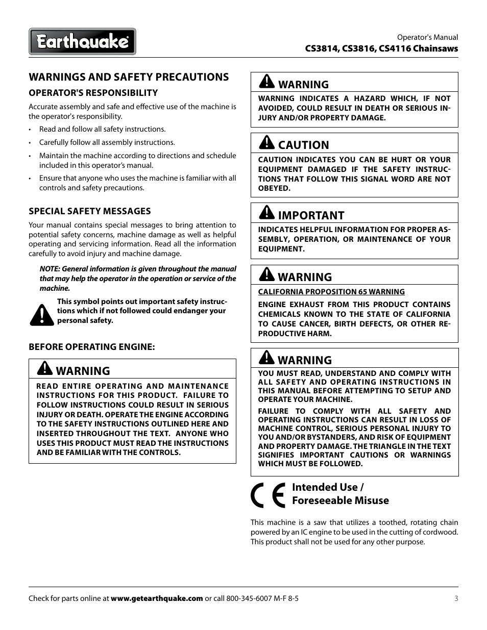Warning, Caution, Important | Warnings and safety precautions, Intended use / foreseeable misuse | EarthQuake CS4116 User Manual | Page 3 / 32