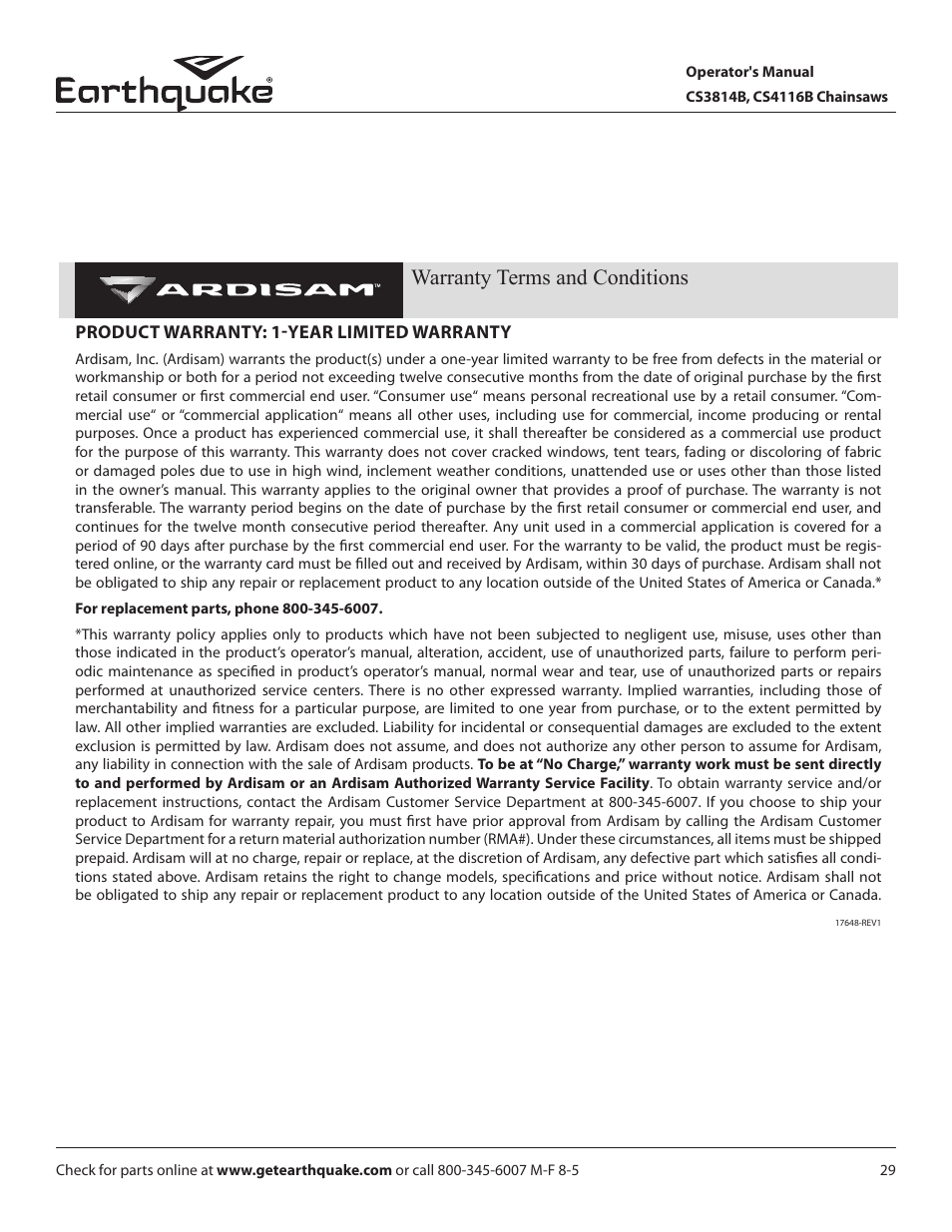 Warranty terms and conditions | EarthQuake CS4116B User Manual | Page 29 / 32