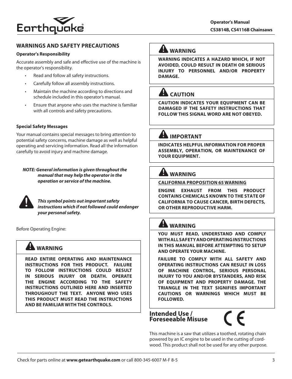 Intended use / foreseeable misuse | EarthQuake CS4116B User Manual | Page 3 / 32