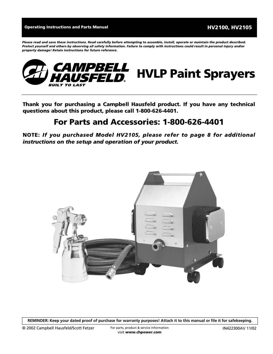 Campbell Hausfeld HV2105 User Manual | 20 pages